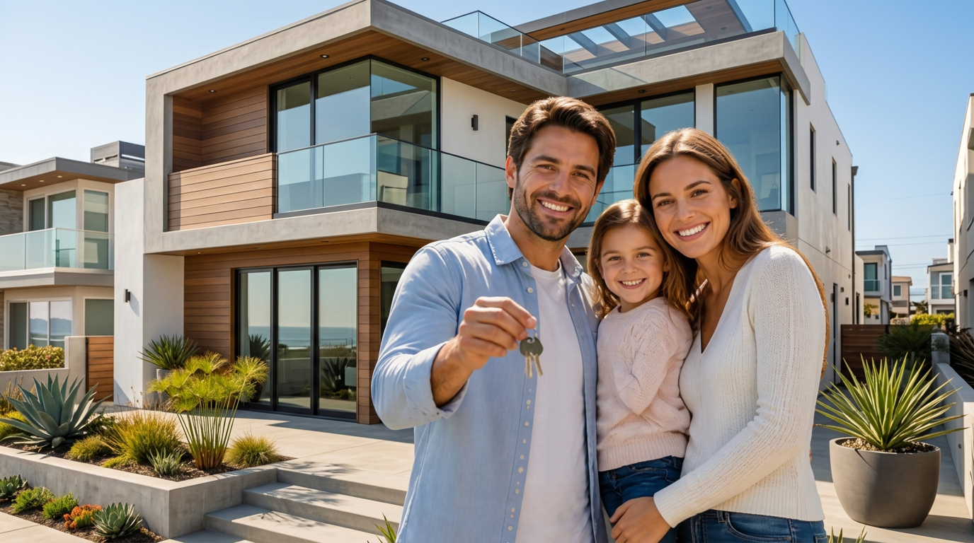 Family standing in front of their new home