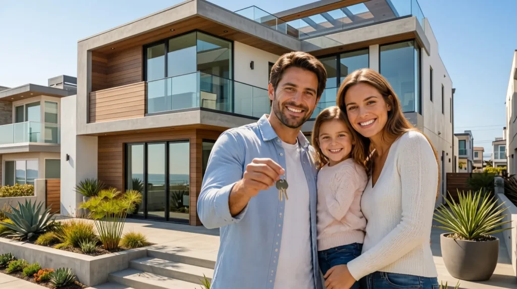Family holding house keys in front of a modern California home